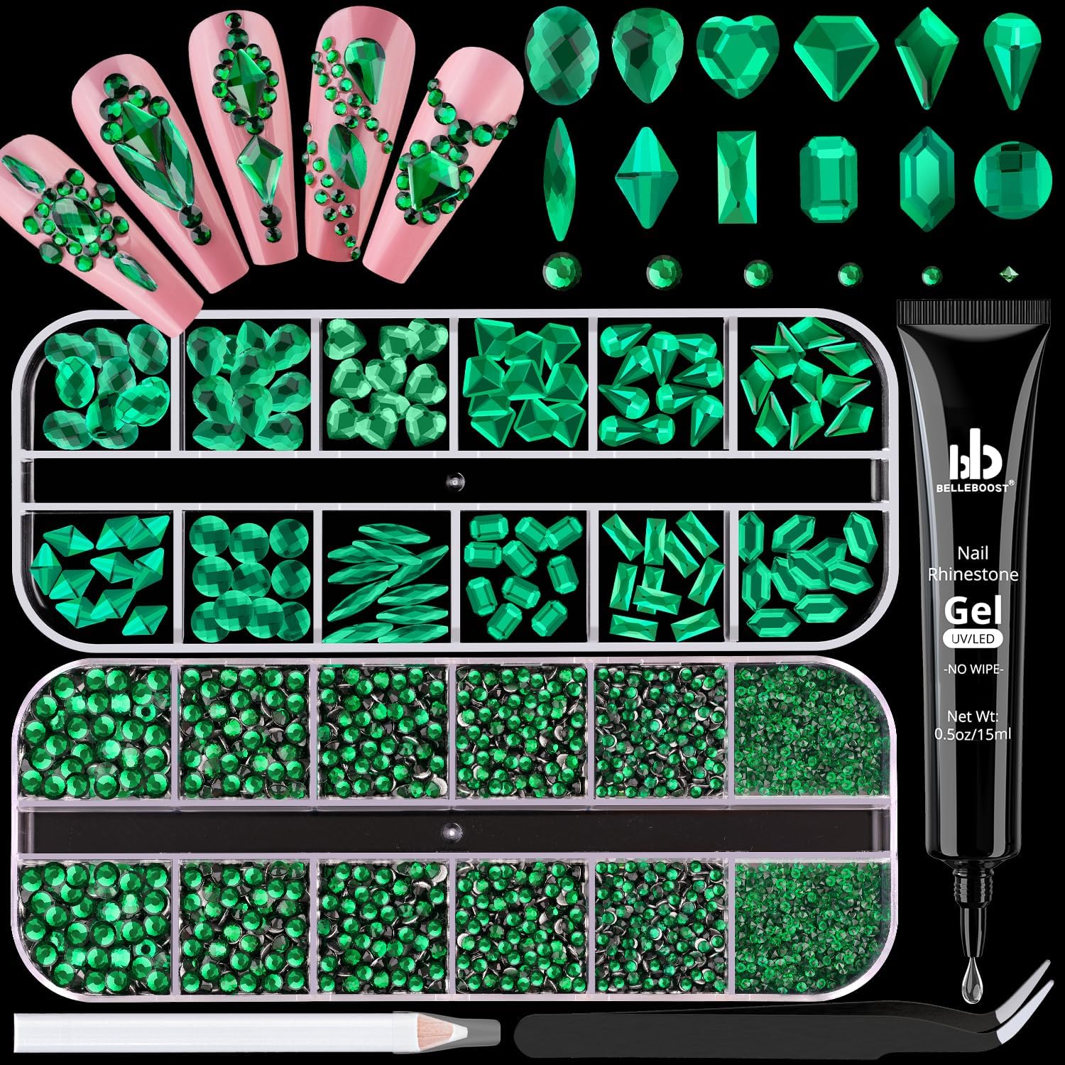 2680Pcs Emerald Green Glass Nail Rhinestones 120Pcs Multi Shapes Flatback Nail Gems + 2560Pcs 1.5-4mm Round Crystal with Rhinestone Glue Gel, Manicure Nail Charms Diamond Gemstone for Nail Art-BrightBean Baby