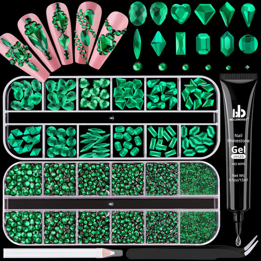 2680Pcs Emerald Green Glass Nail Rhinestones 120Pcs Multi Shapes Flatback Nail Gems + 2560Pcs 1.5-4mm Round Crystal with Rhinestone Glue Gel, Manicure Nail Charms Diamond Gemstone for Nail Art-BrightBean Baby