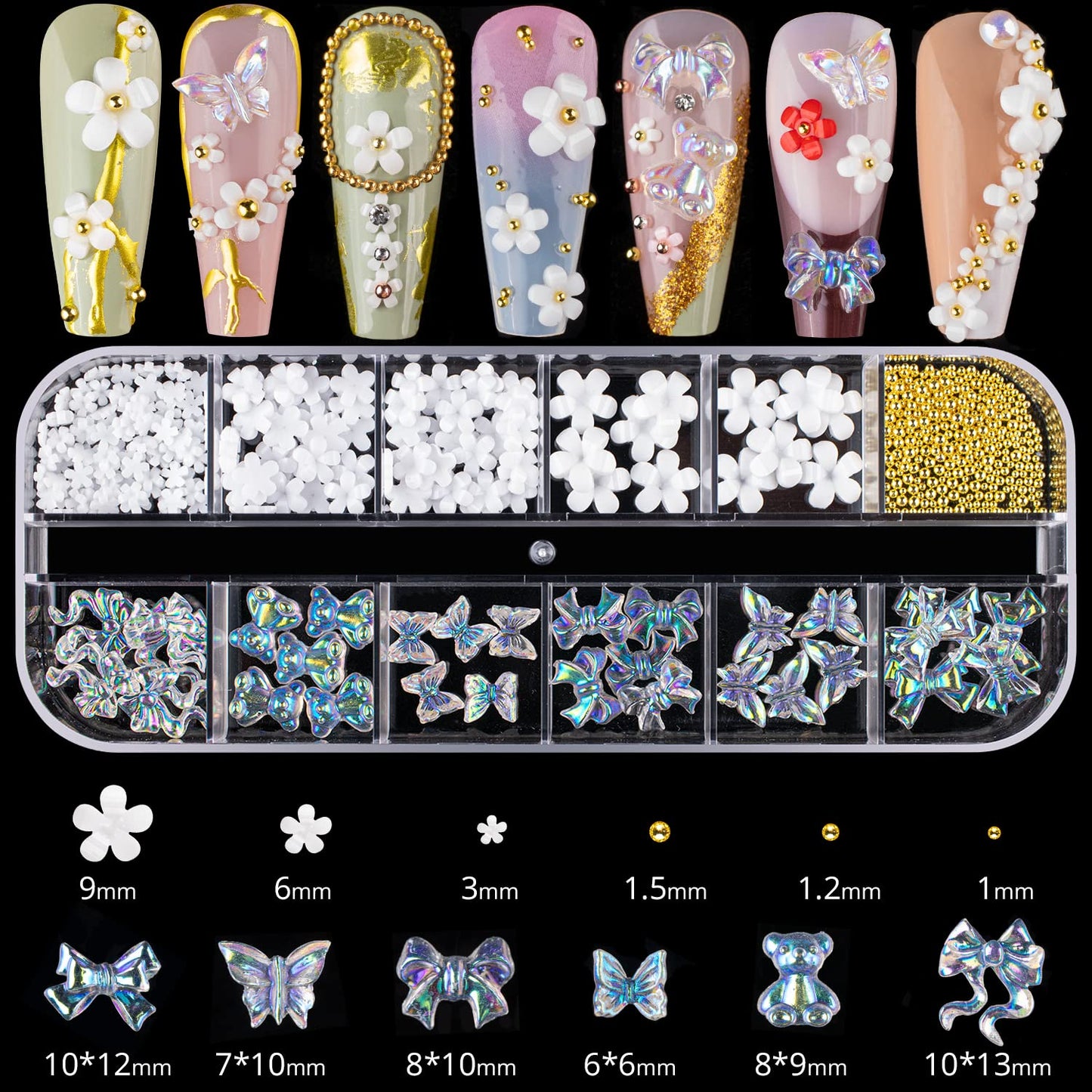 Mixed 3D Nail Art Gem Decoration Accessories Kit #2, Aurora Bear Bow Butterfly Starry AB Rhinestone Charm Jewelry for Deco, Pearl Flower Caviar Bead Stone Crystal with Dual-End Brush and Tweezer-BrightBean Baby
