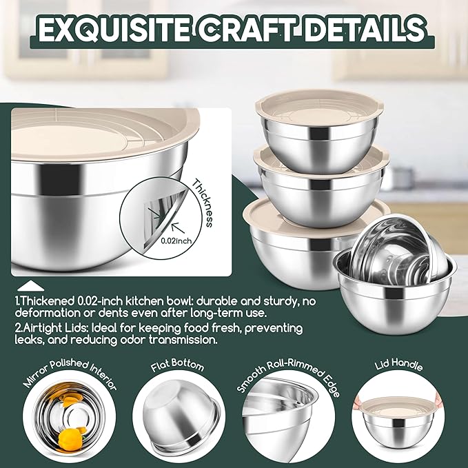 Herogo 5-Piece Mixing Bowls with Lids, 3 Grater Attachments, Stainless Steel Salad Bowls for Kitchen, Size 4.6, 3.5, 2.5, 2, 1.5QT Ideal for Baking, Prepping, Mixing and Serving, Khaki