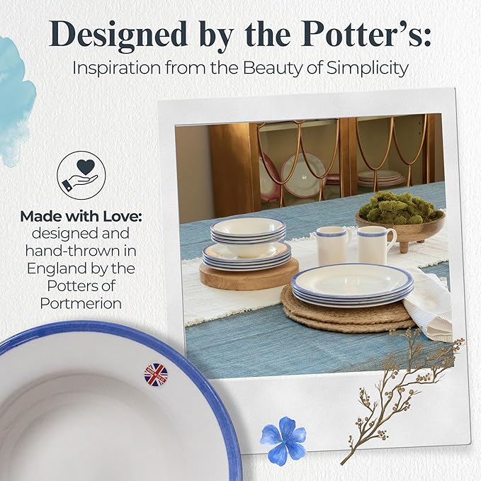 Portmeirion Potter's Brushstroke Oatmeal Bowl (Set of 4) - Ideal for Porridge, Soup, Desserts - Microwave & Dishwasher Safe Earthenware Bowls, Durable Dishware Collection - Made in UK (Blue)