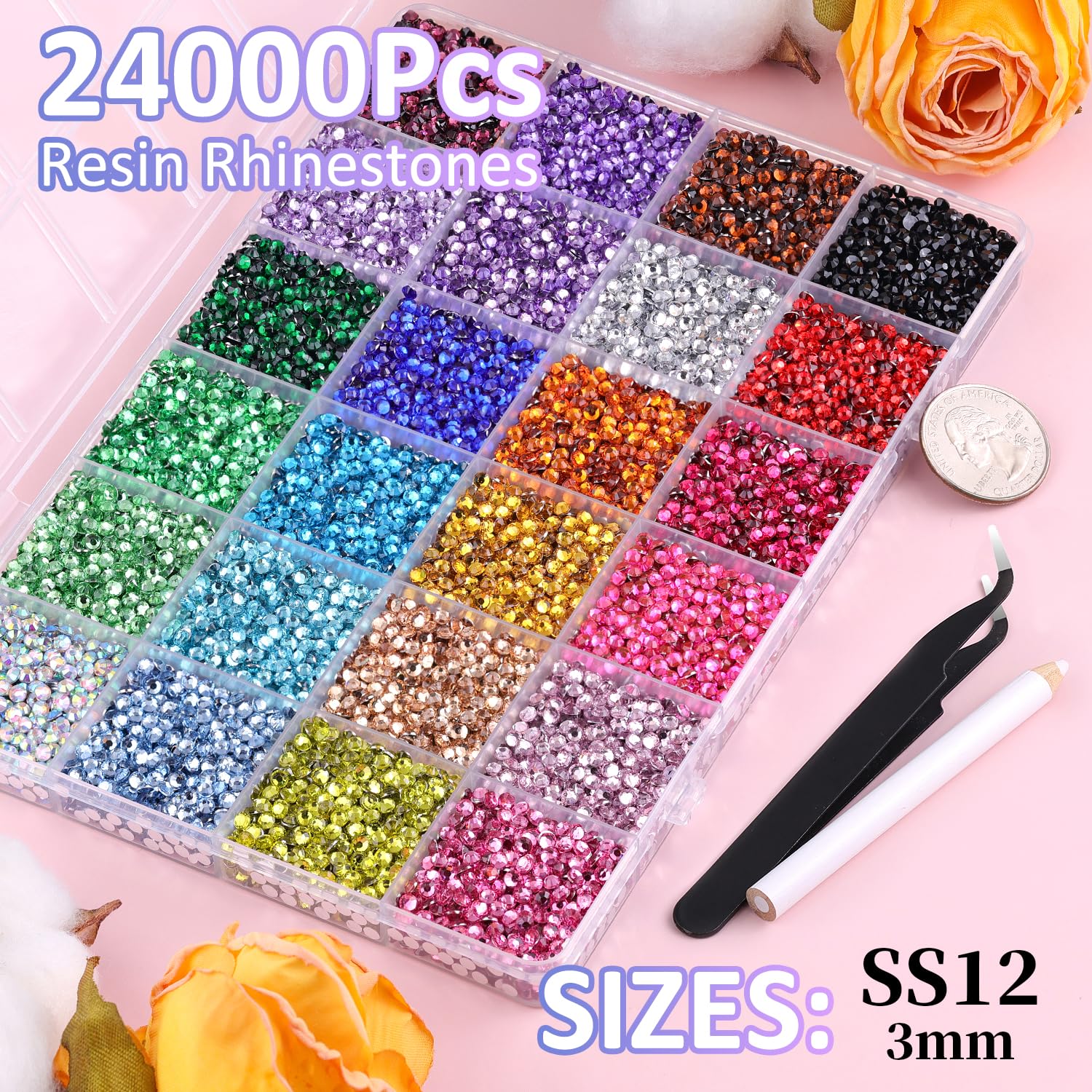 24000Pcs Resin Rhinestones for Bedazzling with Tweezers, Multicolor 3mm Rhinestones for Crafting with 3Pcs 10ml B7000 Jewelry Glue for DIY Crafts Clothing Tumblers Shoes Fabric Nail Art-BrightBean Baby