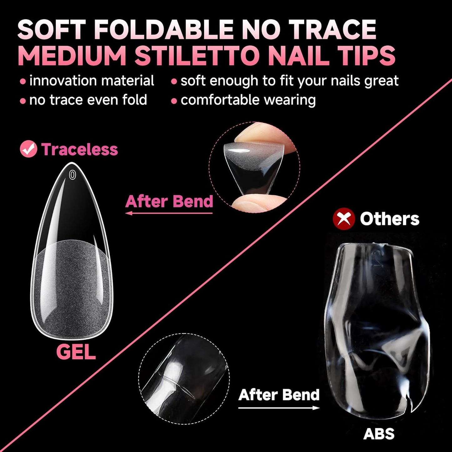 UNA GELLA Medium Stiletto Gel Nail Tips Halloween Full Cover 216Pcs Almond Shape Nails Tips Stiletto Pre etched Soft Gel Nails Tips Clear Fake False Nail Tips For Home Art Salon 12 Sizes-BrightBean Baby