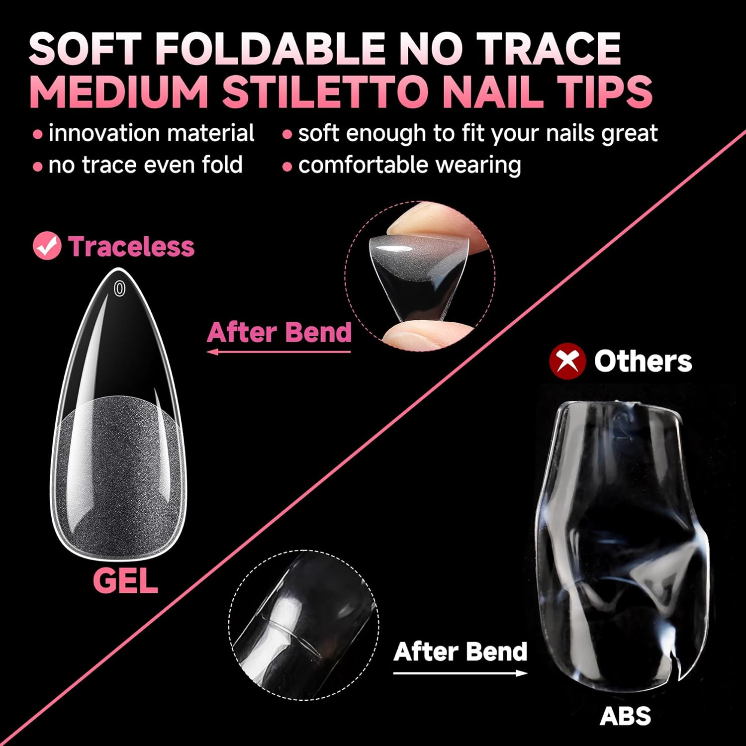 UNA GELLA Stiletto Gel Nails Press On Halloween 504Pcs Medium Almond Stiletto Clear Gel Nail Tips Full Cover Pre-matte Fake False Acrylic Nails for Nail Extensions Home Art Salon 12 Sizes-BrightBean Baby