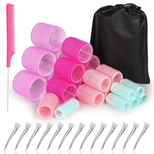 Acejoz Hair Rollers Set for Blowout Look, 38 Pcs Self Grip Hair Rollers with 4 Sizes, 12 Pcs Hair Clips, Comb, Storage Bag for Long, Medium, Short, Thick Hair Volume (Multicolor)-BrightBean Baby