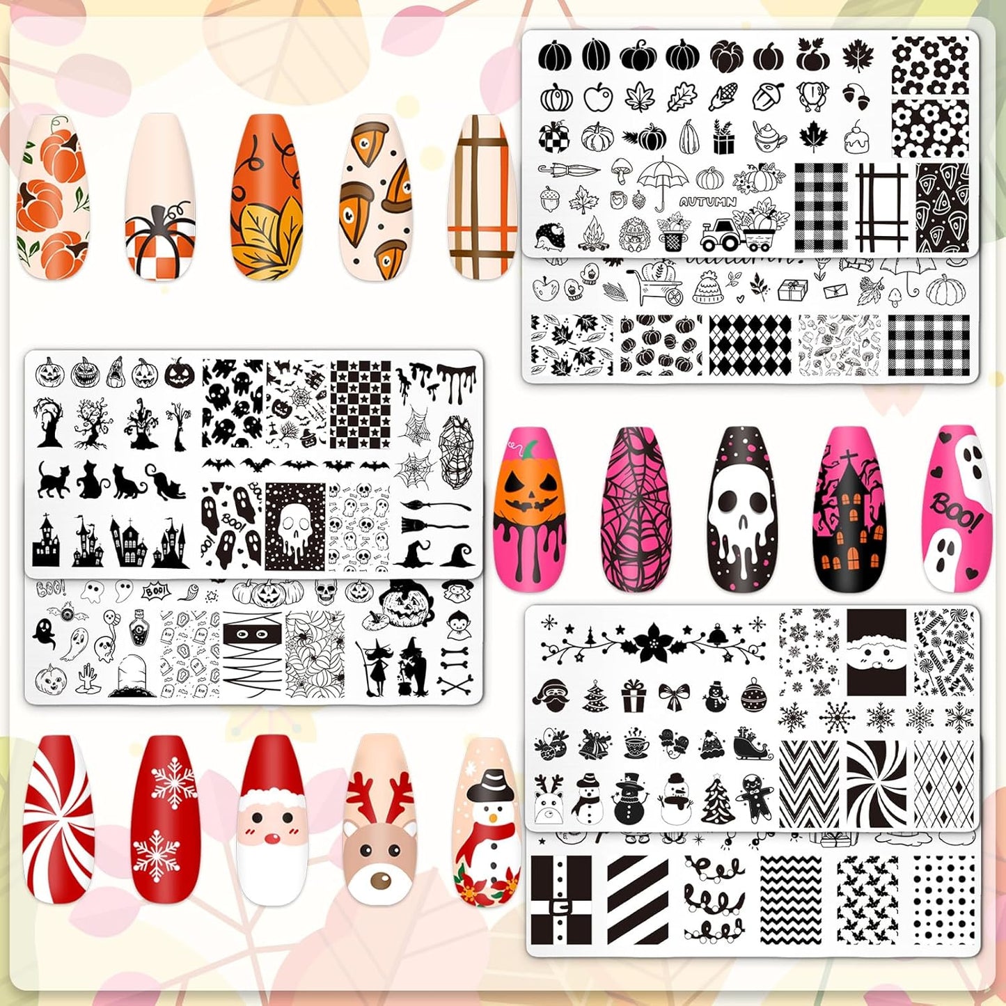 Whaline 6Pcs Fall Halloween Christmas Nail Plates Stamping Set Pumpkin Ghost Snowman Stamp Templates Nail Art Plates for DIY Print Manicure Salon Design-BrightBean Baby