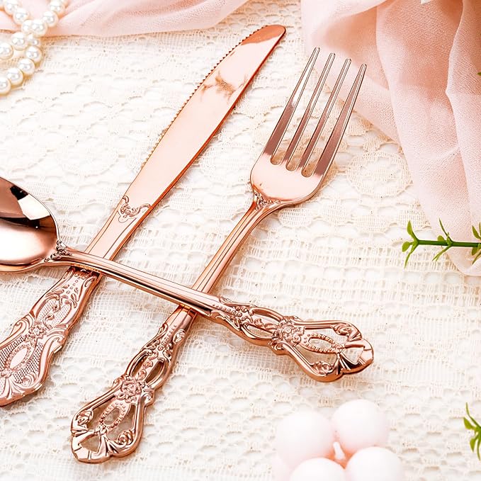 40PCS Rose Gold Plastic Silverware - Heavy Duty Elegant Disposable Utensils - Rose Gold Plastic Cutlery set Includes 20Forks, 10Spoons, 10Knives for Dinner, Parties, Weddings