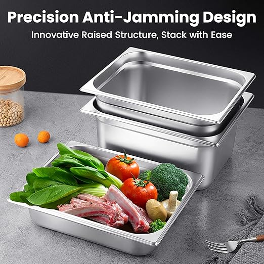 1/4 Hotel Pans 2.5 Inch Deep Stainless Steel Food Pan - Anti-Jam 6 Pack Steam Table Pan Set for Catering, Buffet Use, Kitchen Prep
