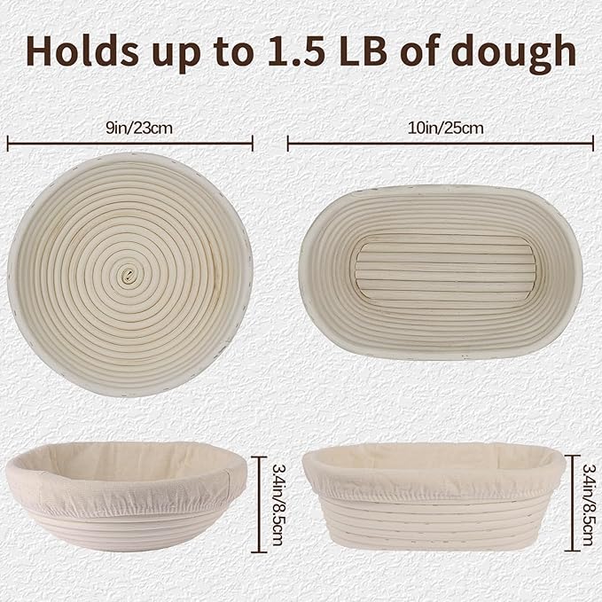 Bread Proofing Basket Set, Round 9 Inch and Oval 10 Inch Banneton Bread Bowl, Sourdough Bread Making Supplies Tools with Bread Lame, Danish Whisk, Bowl Scraper, Sourdough Scraper, Liners