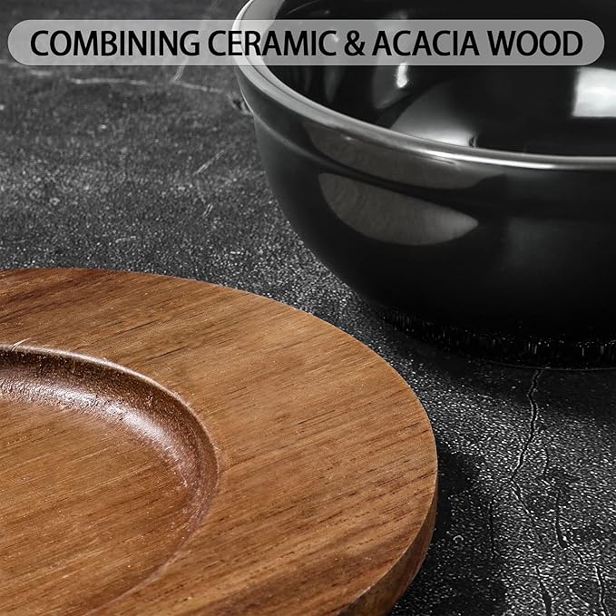 Artena 12 oz Solid Ceramic Chip and Dip Serving Set with Acacia Wooden Tray, 5-inch Black Dipping Bowls, Small Serving Bowls for Side Dishes, Salsa, Appetizer, Serving Dishes for Entertaining