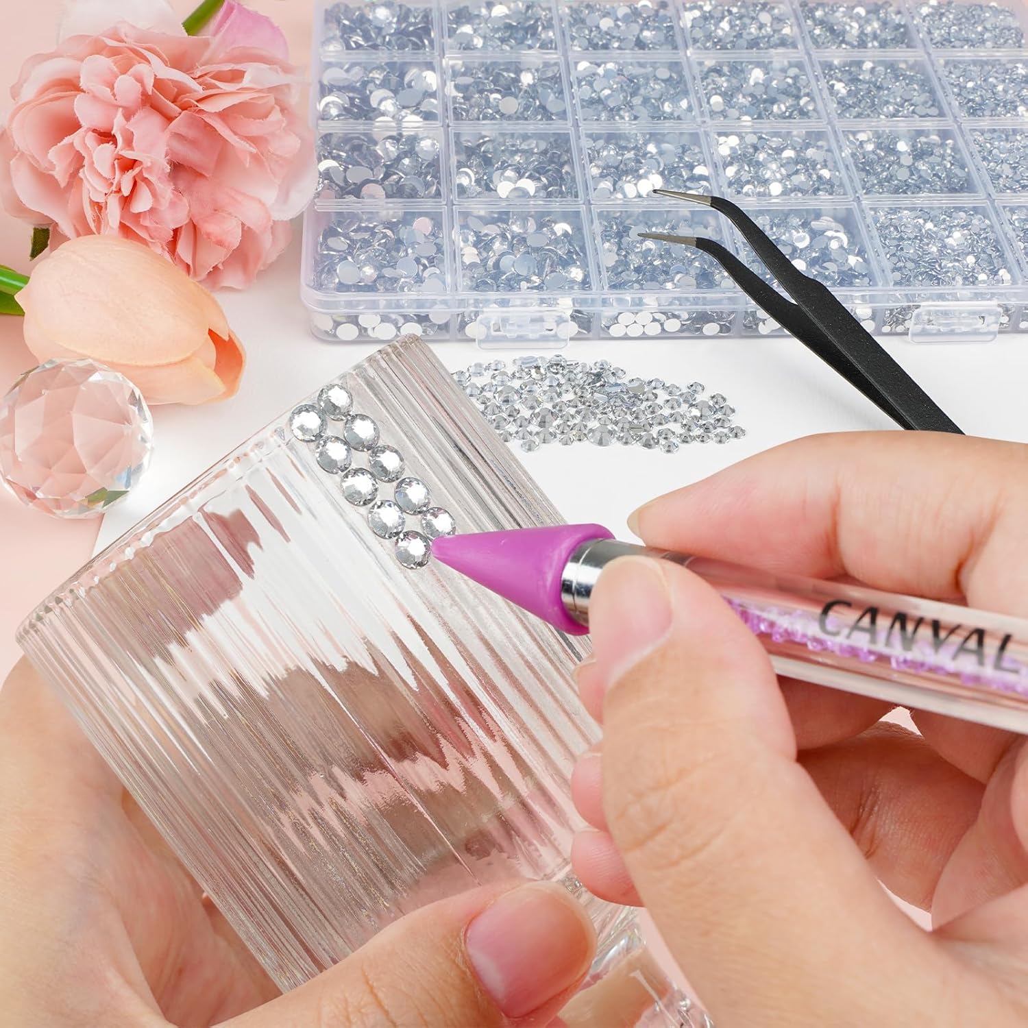 Canvalite 25000Pcs Resin Jelly Rhinestones for Crafting, Clear Flatback Gems, Bedazzling Crystal with 5Pcs 2.5g B7000 Jewelry Glues and Tweezers and Dotting Pen for DIY Crafts Clothing Shoes Nail Art-BrightBean Baby
