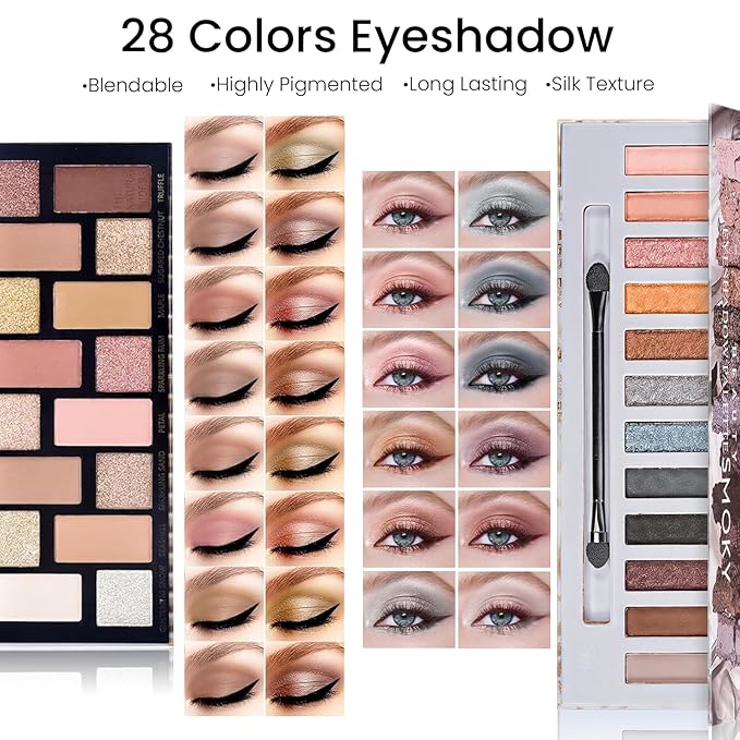 Makeup Present Set for Teen Girl Women, Travel Makeup Kit, Makeup Full Kit for Beginner, Makeup Bundle Include 2 Matte & Shimmer Eyeshadow Palettes, Liquid Glitter Eyeshadow & Eyeliner-BrightBean Baby