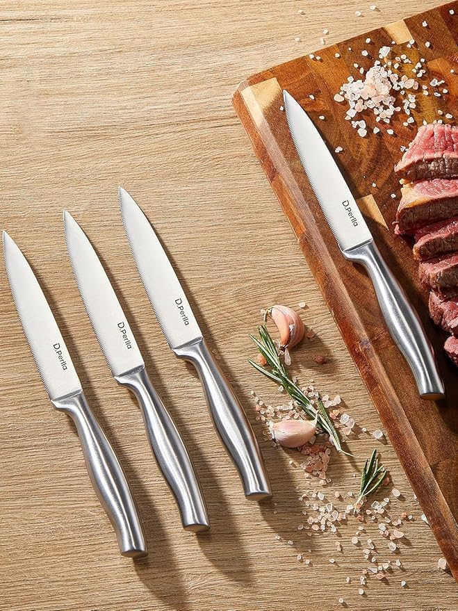 D.Perlla Steak Knives 12 Pieces Micro Serrated Steak Knife Set High Carbon Stainless Steel Steak Knives Set, Elegant Sharp Kitchen Steak Knife Set, Silver