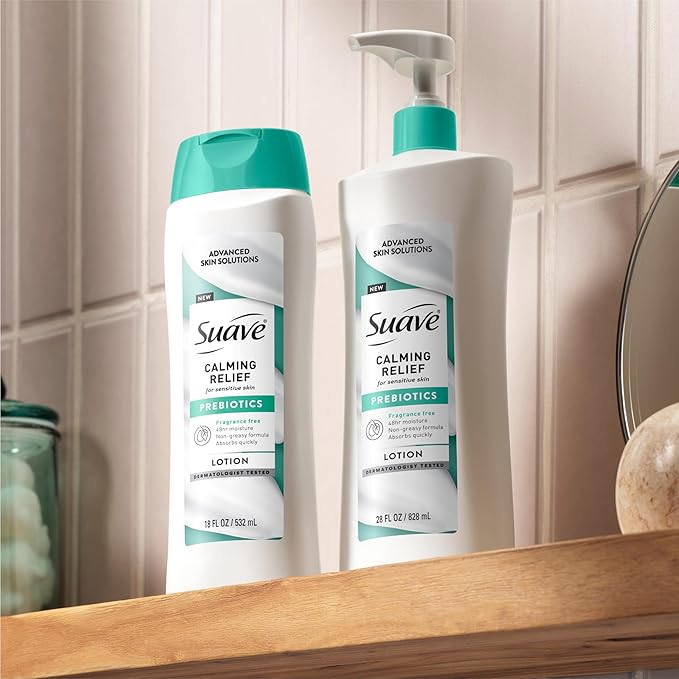 Suave Calming Relief Hand & Body Lotion for Women With Prebiotics For Sensitive Skin, Fragrance & Allergen Free, Helps Restore Skin's Moisture Barrier, 18 FL OZ, 6 Pack-BrightBean Baby