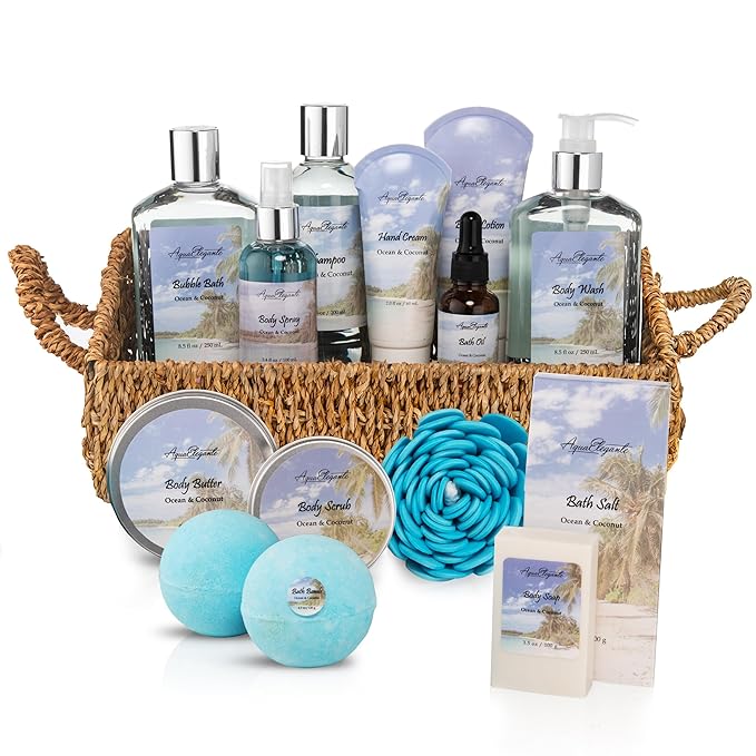 Bath Spa Gift Sets - Luxury Basket With Ocean & Coconut - Spa Kit Includes Wash, Bubble Bath, Lotion, Bath Salts, Body Scrub, Shower Puff, Bathbombs, Soap and Towel-BrightBean Baby