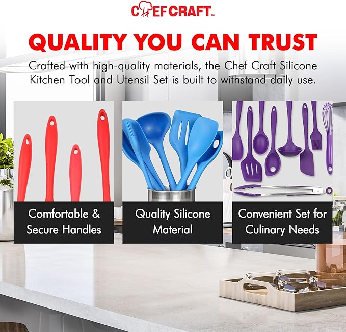 Chef Craft - Premium Silicone Kitchen Tools and Utensils Set, Non-Scratch, Withstands Temperatures up to 450°F, BPA-Free, 9 Piece Cooking Utensils Set, Black