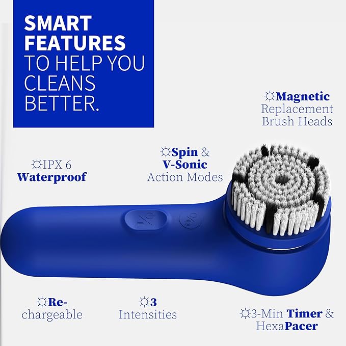 Premium Face Scrubber, Deep Pore Cleansing Brush, Waterproof & Rechargeable Face Scrub Brush for Men& Women, Electric Facial Exfoliator with 3 Brushes, 3 Intensities, 2 Modes with Eye Rollor - Azure-BrightBean Baby