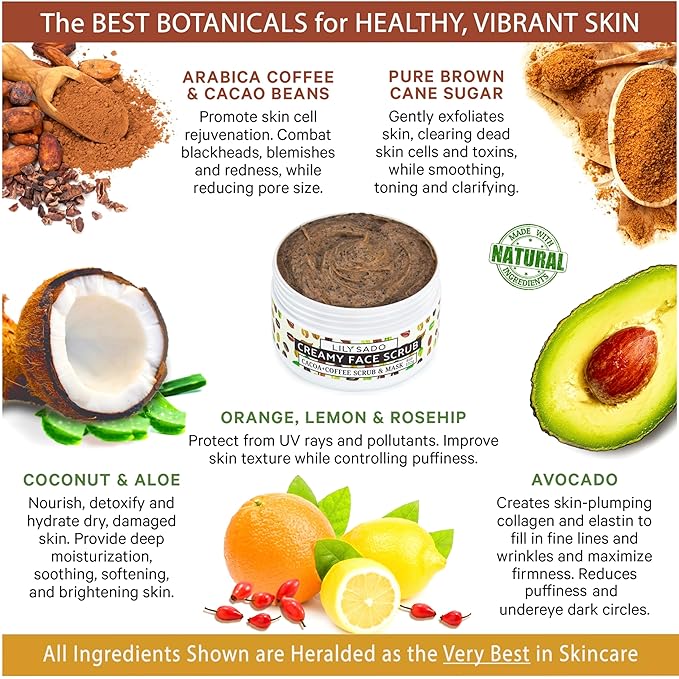 LILY SADO LILY SADO Cocoa & Coffee Creamy Face Scrub - Best Exfoliating VEGAN Facial Cleanser for Women & Men - Natural Face Wash Exfoliates & Energizes Skin, Treats Acne & Reduces Pore Size - 4 oz-BrightBean Baby
