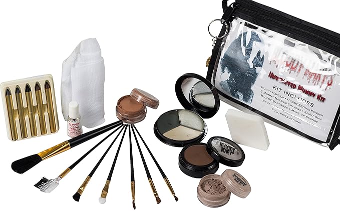 Unwrapped Mummy Makeup Kit By Bloody Mary - Special Effects Set Ideal For Halloween Costumes - Face Powder, Crayons, Eye Shadow, 4 Brushes, Spirit Gum, Bandages & Sponge Included-BrightBean Baby