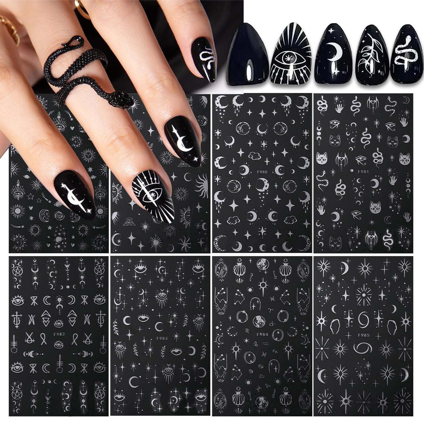 8 Sheets Metallic Nail Art Stickers Decals Silver Moon Star Sun Nail Stickers Eye Snake Nail Decals 3D Self-Adhesive Luxury Nail Art Design Stickers for Women Girls DIY Manicure Decoration Accessories-BrightBean Baby