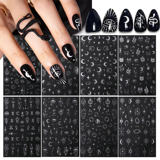 8 Sheets Metallic Nail Art Stickers Decals Silver Moon Star Sun Nail Stickers Eye Snake Nail Decals 3D Self-Adhesive Luxury Nail Art Design Stickers for Women Girls DIY Manicure Decoration Accessories-BrightBean Baby