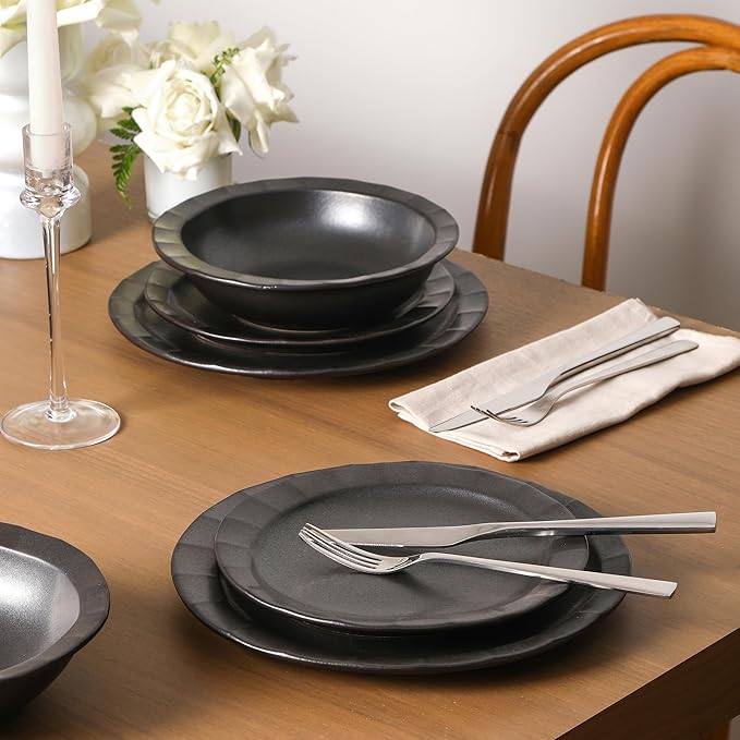 Stone Lain Oasis 12-Piece Dinnerware Set Stoneware, Dishwasher and Microwave Safe Plates and Bowls Set, Dish Set for 4, Black