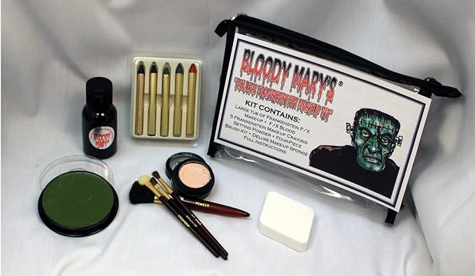 Frankenstein Monster Makeup Kit By Bloody Mary - Special Effects Halloween Costume Decoration - Professional Foundation Makeup, FX Blood, 5 Crayons, Setting Powder, 4 Brushes, Sponge & Zippered Case-BrightBean Baby