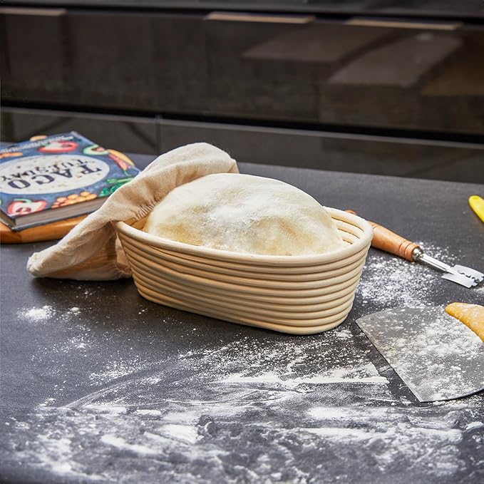 Sourdough Baking Supplies Set of 5, Oval 10 Inch Banneton Bread Proofing Basket with Bread Lame, Danish Dough Whisk with Stainless Steel, Dough Scraper Kit, Bowl Scraper – Baking Gift Kit