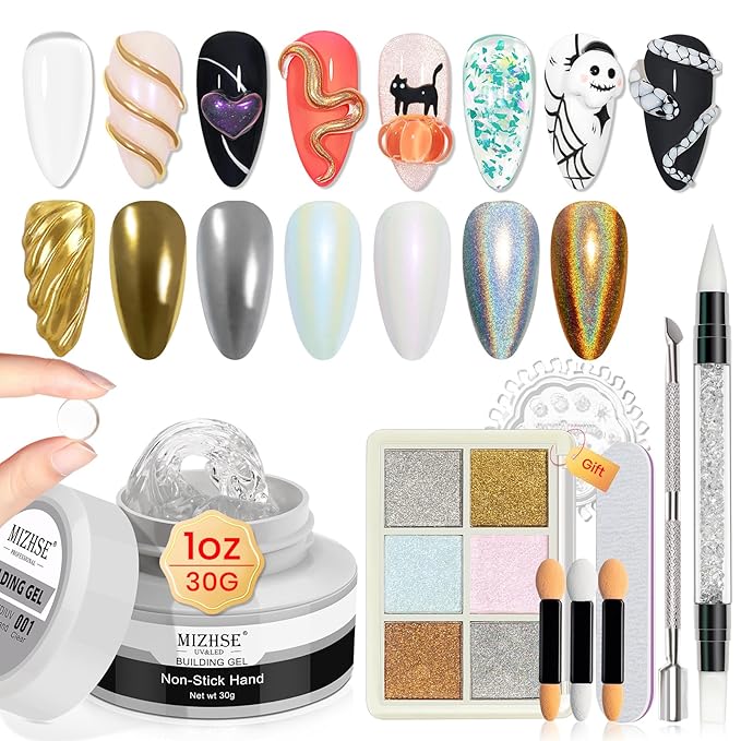 MIZHSE Solid Builder Gel - 1 oz Clear Non Stick Hand Hard Gel with 6 Colors Chrome Nail Powder and Nail Form Extension Kit for Salon and Home DIY-BrightBean Baby