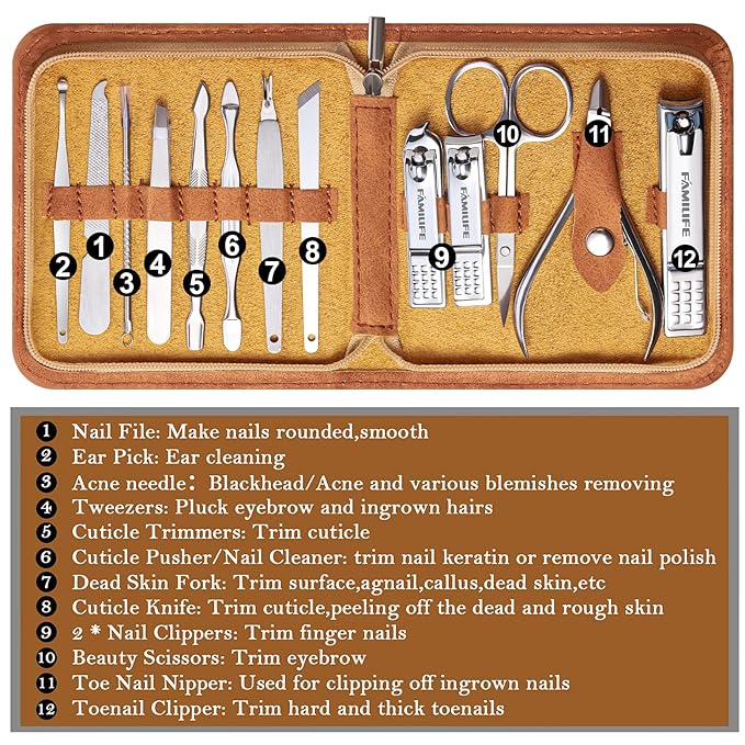FAMILIFE Manicure Set, Nail Professional Kit Manicure Kits Nail Clipper Sets, 13PCS Stainless Steel Pedicure Sets Mens Grooming Tool, with Brown Leather Travel Case for Men-BrightBean Baby