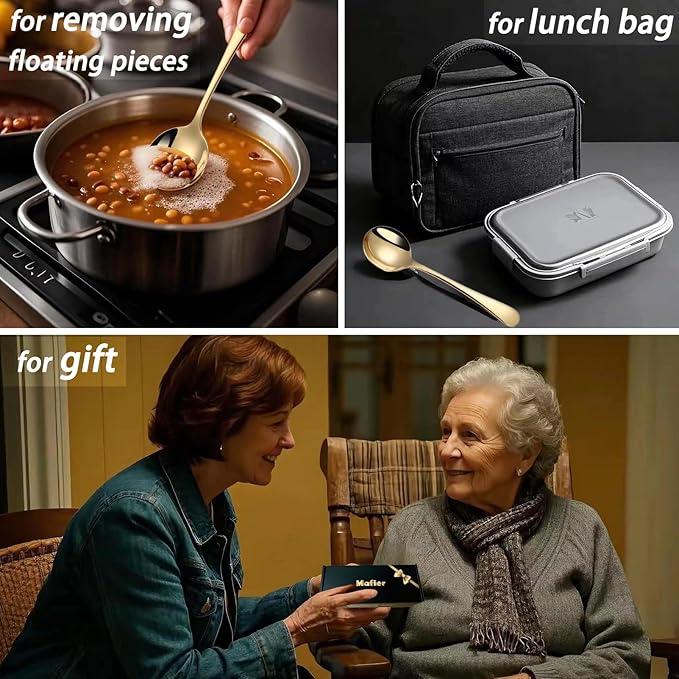 7" Round Soup Spoons Set of 4,18/10 Stainless Steel Heavy Duty with Deep Bowl,Fine Mirror Polished,Dishwasher Safe(Gold)