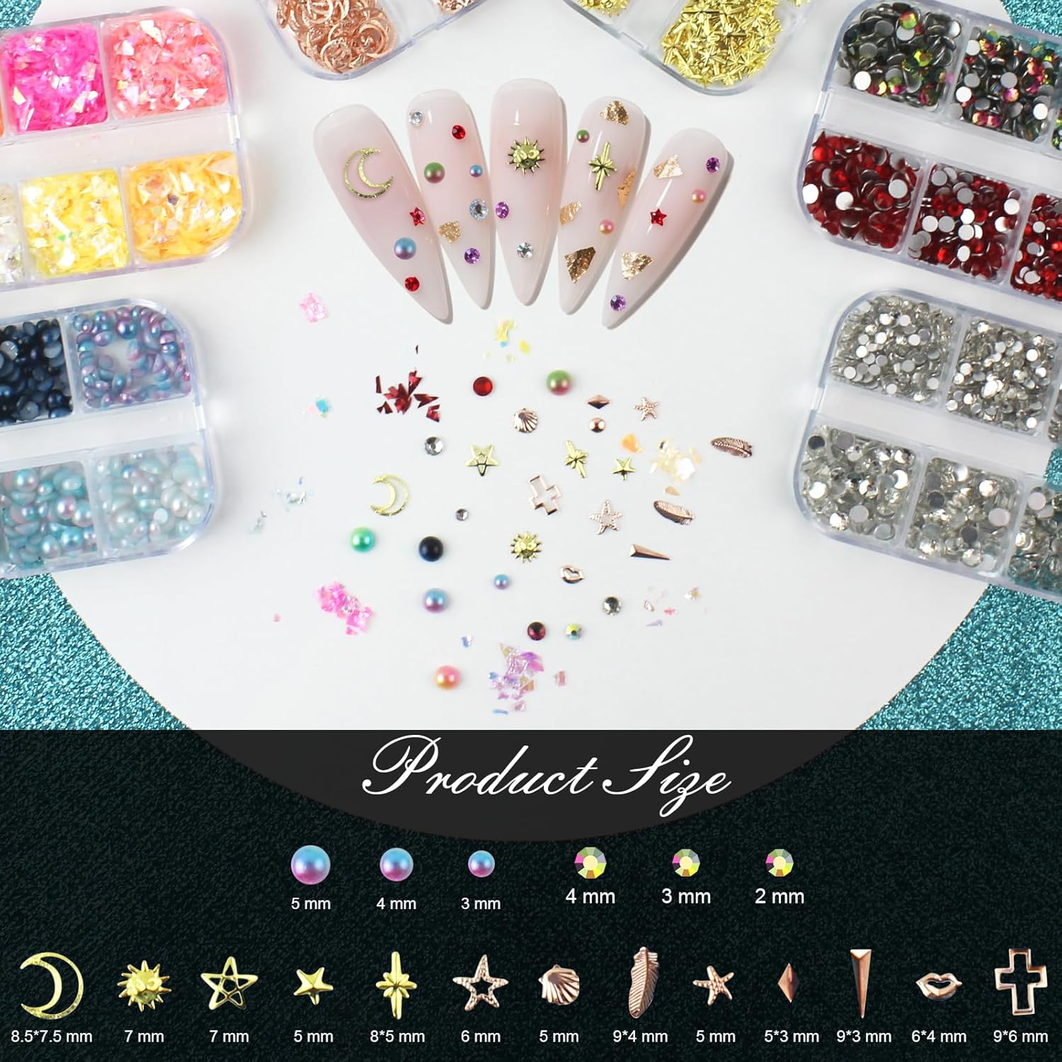 Artdone Nail Art Studs Kit, 6 boxes Multicolor And Design 3D Charms With 15 Sheets Gold Nail Stickers, Diamond Cute Nail Jewels For DIY Decoration with Pickup Tools-BrightBean Baby