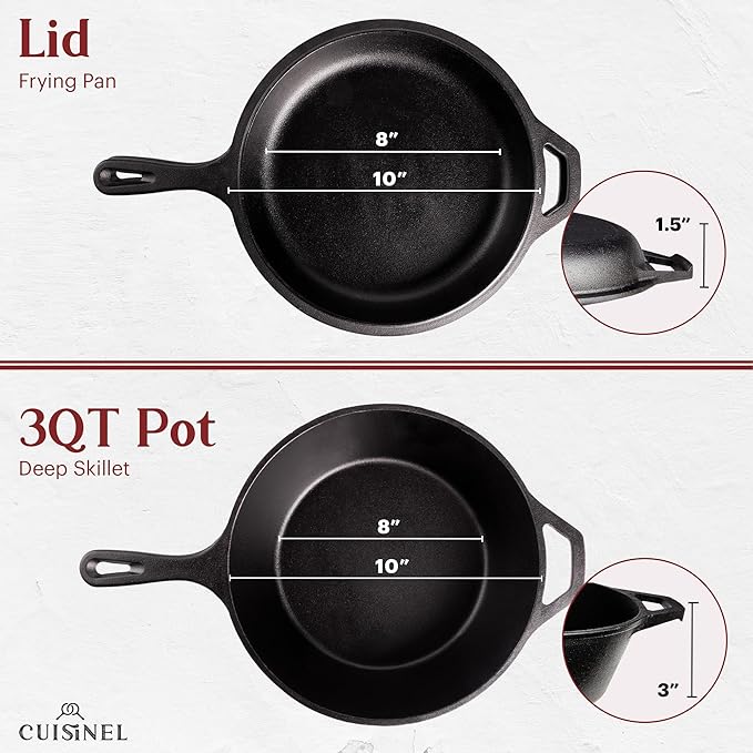 Cuisinel Cast Iron Skillet + Lid - 2-In-1 Multi Cooker - Deep Pot + Frying Pan - 3-Qt Dutch Oven - Pre-Seasoned Oven Cookware - Works for Bread, Indoor/Outdoor, Grill, Stovetop and Induction