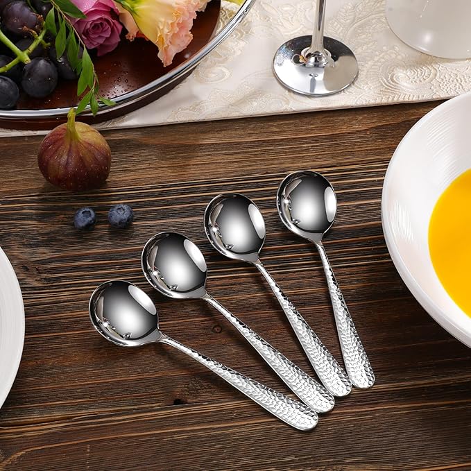 KEAWELL Premium 4-Piece Louise Hammered Spoons Set, 18/10 Stainless Steel, Set of 4, Fine Spoon Set with Round Edge, Dishwasher Safe (7" Soup Spoons)