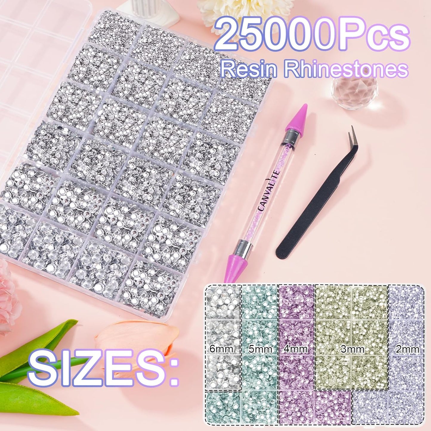 Canvalite 25000Pcs Resin Jelly Rhinestones for Crafting, Clear Flatback Gems, Bedazzling Crystal with 5Pcs 2.5g B7000 Jewelry Glues and Tweezers and Dotting Pen for DIY Crafts Clothing Shoes Nail Art-BrightBean Baby
