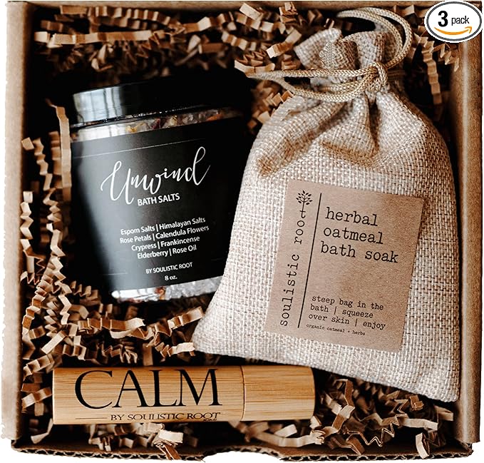 Relaxing Bath Gift Set, Luxury Spa Gifts for Women, Self Care Products for Women and Men, Calm Essential Oil Roller, Oatmeal Lavender Bath Soak & Epsom Salts with Essential Oils-BrightBean Baby