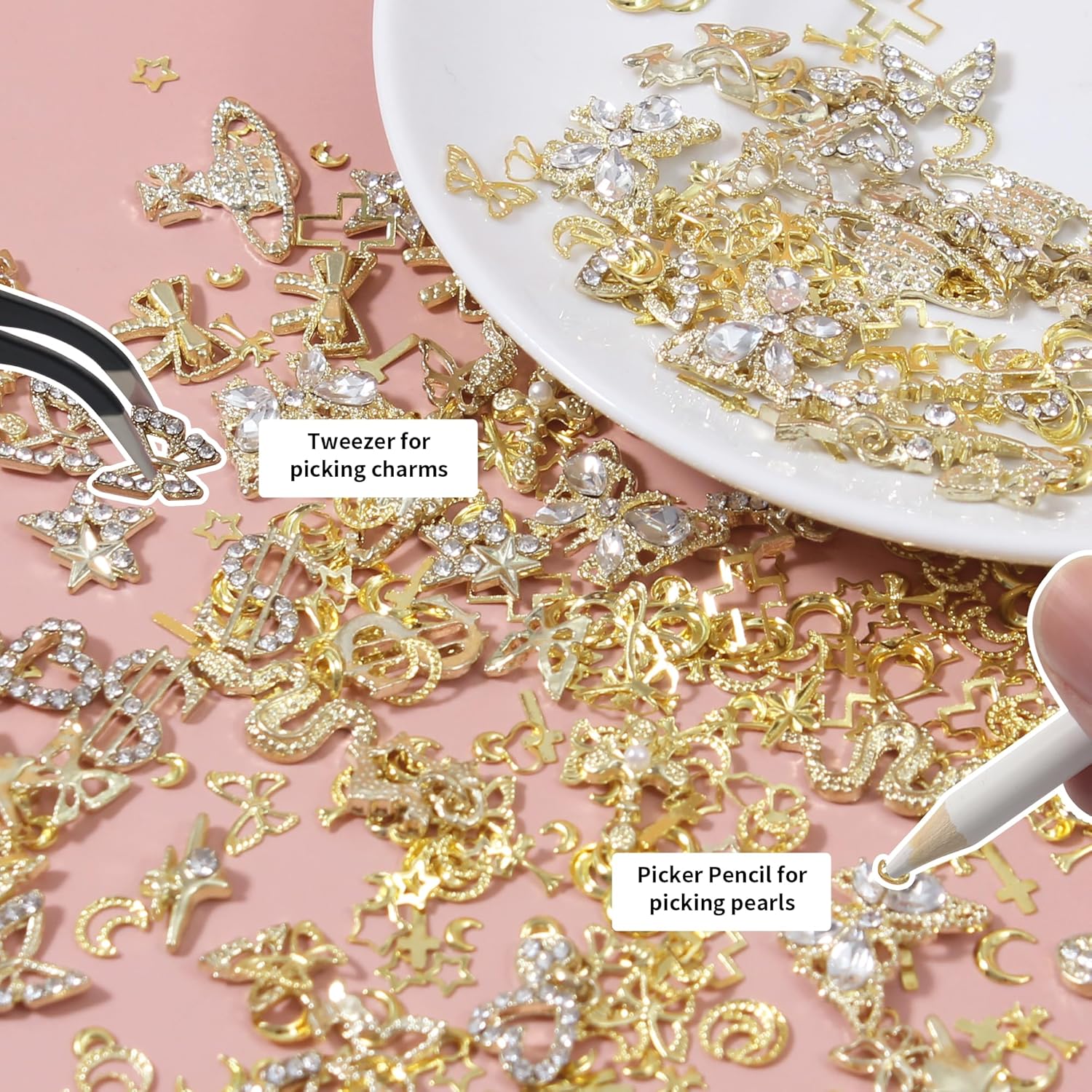 Artdone Nail Art Studs Kit, 3D Gold Cross Nail Charms and Diamond Butterfly Gems Bulk Nail Jewels Shiny Star and Moon for DIY Professional Manicures Decoration-BrightBean Baby