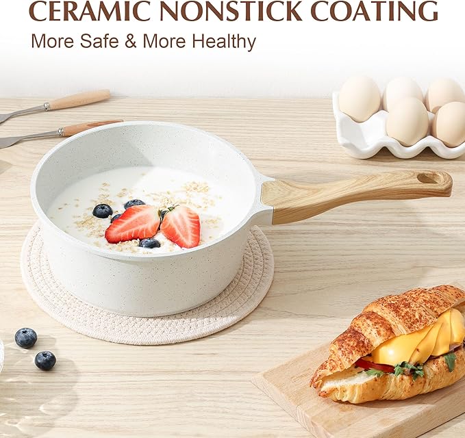 SENSARTE White Ceramic Nonstick Saucepan with Lid 2.5 Quarts - White Granite Coating