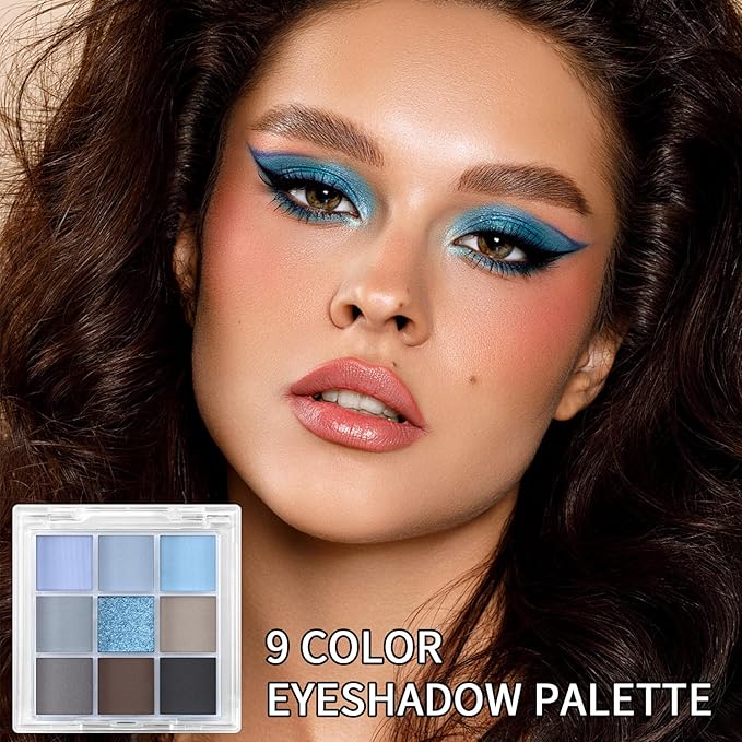 Erinde 9 Colors Eyeshadow Palette, Matte Shimmer Glitter Eye Shadow Palette Makeup, Highly Pigmented Long Lasting Waterproof, Natural Neutral Nude Eyeshadow Make Up Pallet, Blue-BrightBean Baby