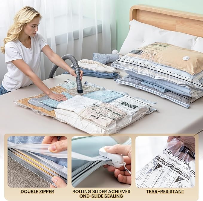 TAILI Vacuum Storage Bags 4 Pack, LONG SIDE ZIP (2 Large+2 Jumbo), Multi-Size Vacuum Seal Bags for Clothing, Storage Bulky Beddings, Blankets and Clothes, Space Saver for Closet Organization