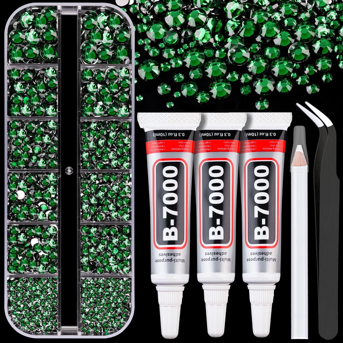 Resin Rhinestones for Crafting with B7000 Jewelry Glue, 1 Box Dark Green Flatback Crystals with 3Pcs 10ml Glue for Bedazzling Crafts DIY Nail Art Makeup，Non Hotfix Gems for Clothing Shoes-BrightBean Baby