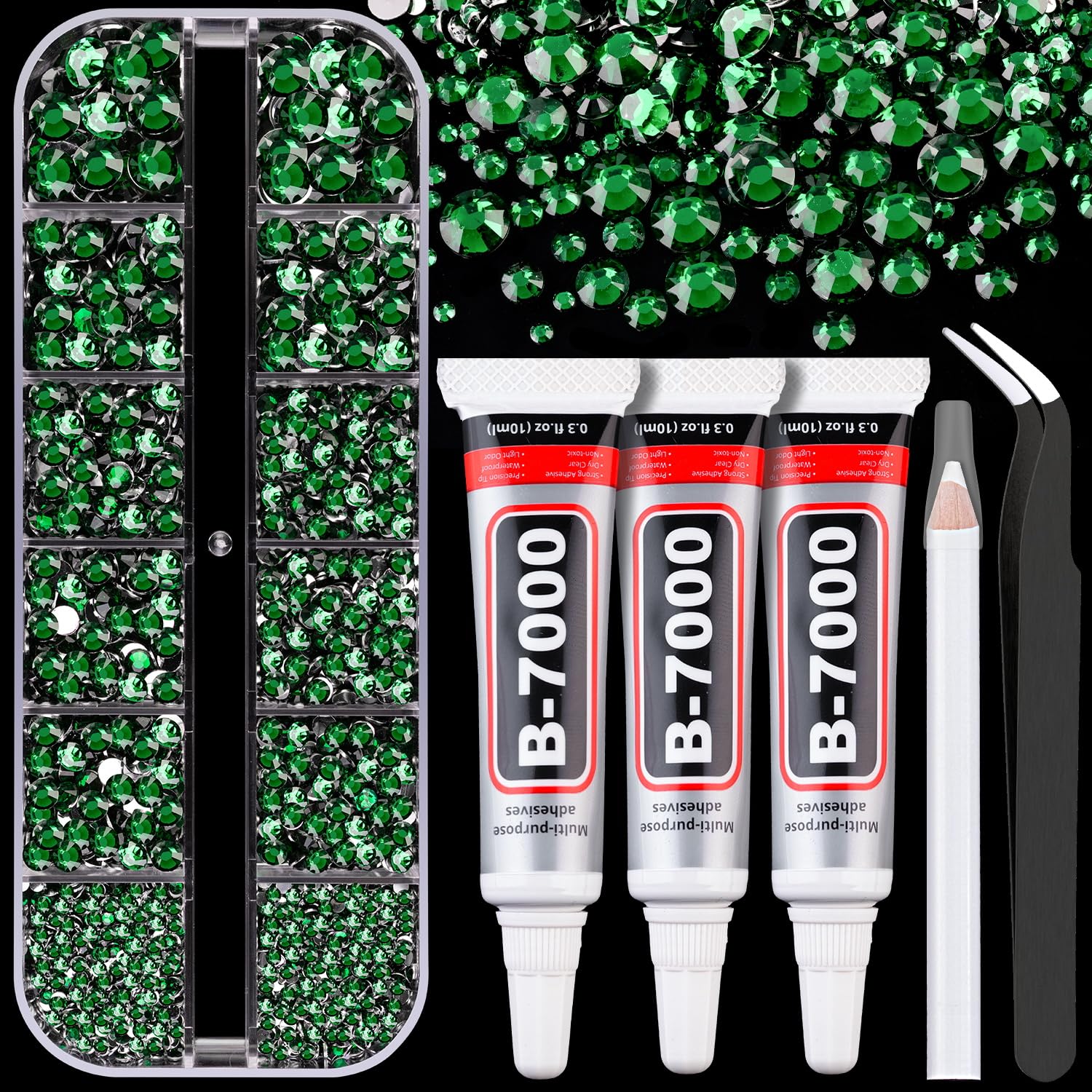 Resin Rhinestones for Crafting with B7000 Jewelry Glue, 1 Box Dark Green Flatback Crystals with 3Pcs 10ml Glue for Bedazzling Crafts DIY Nail Art Makeup，Non Hotfix Gems for Clothing Shoes-BrightBean Baby