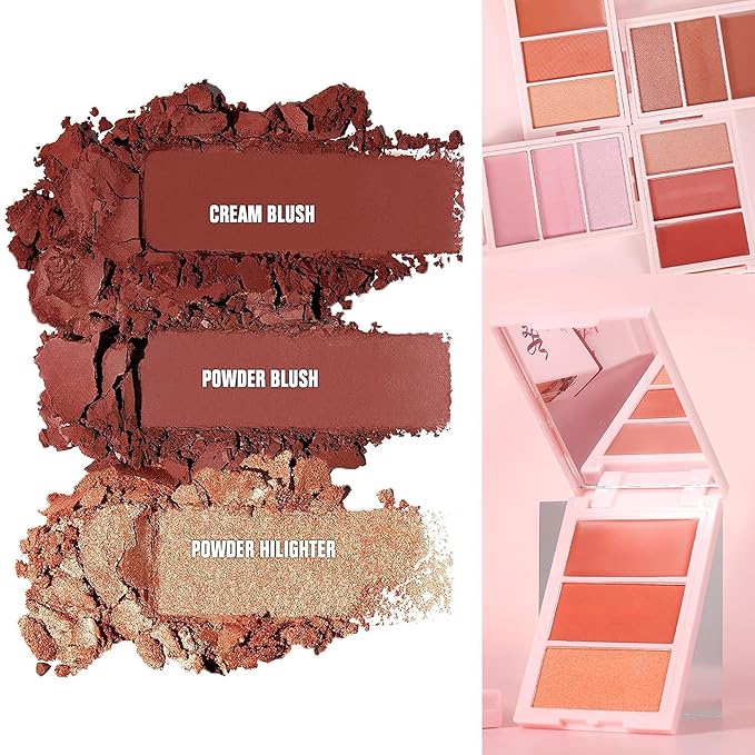 3D Blush Palette, Multi-Use Makeup Powder Blush Palette Cream Blush For Cheeks, Mulit Balm, Lightweight, Smooth, Blendable, Long-Lasting Pigment, Natural Shimmery Or Matte Finish, #01 Rose