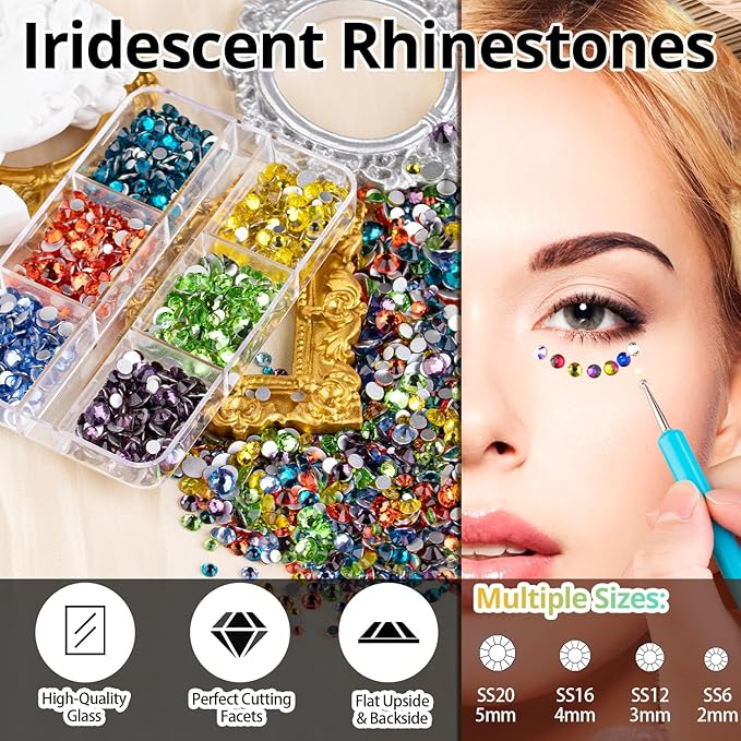 Colorful Face Gems for Makeup Set, Flatback Gorgeous AB+Clear+Mixed-Colored Glass Gems with Picker Pencil, Makeup Glue, Dual-End Dotting Tool and Tweezer for Eye Body Hair Make-up and Nail Art Deco-BrightBean Baby