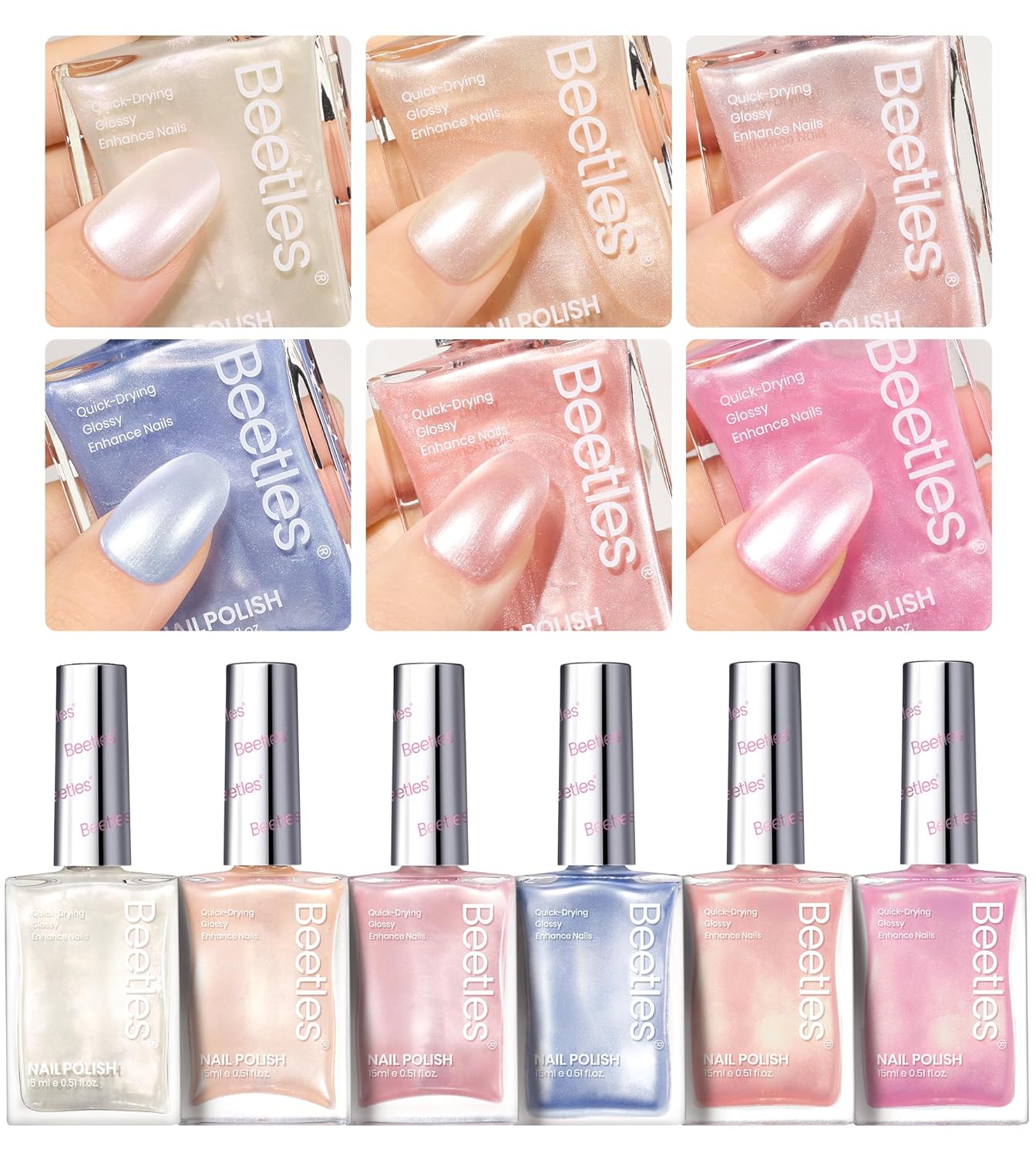 Beetles Pearl Nail Polish Set 6 Colors 15 ML Quick-drying Shimmer Glitter Pearl White Pink Blue Mermaid Nail Polish Kit, Spring Pastel Iridescent DIY Manicure Gift for Women-BrightBean Baby