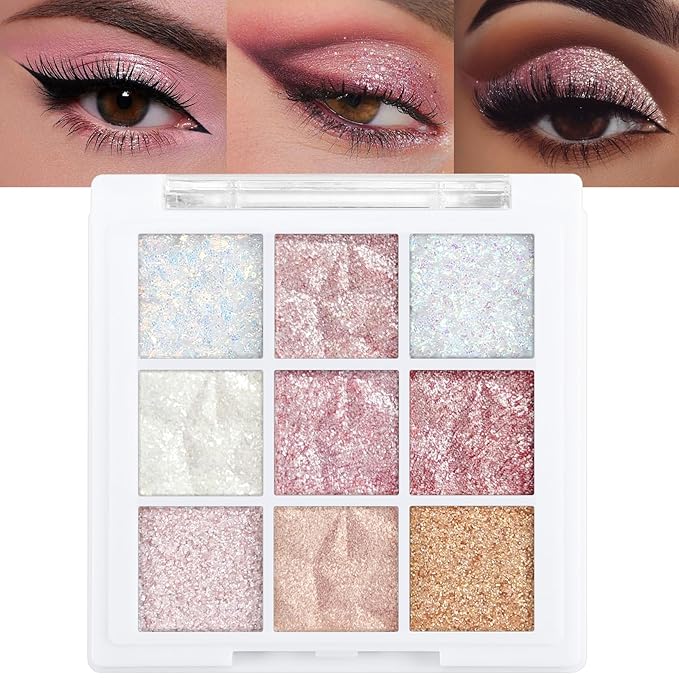 Erinde 9 Colors Eyeshadow Palette, Matte Shimmer Glitter Eye Shadow Palette Makeup, Highly Pigmented Long Lasting Waterproof, Colorful Sequins Sparkle Eyeshadow Makeup Pallet-BrightBean Baby