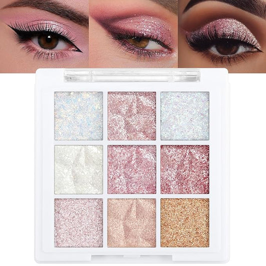 Erinde 9 Colors Eyeshadow Palette, Matte Shimmer Glitter Eye Shadow Palette Makeup, Highly Pigmented Long Lasting Waterproof, Colorful Sequins Sparkle Eyeshadow Makeup Pallet-BrightBean Baby