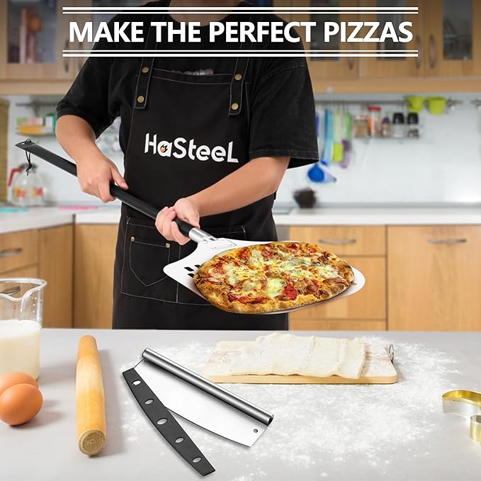 Aluminum Pizza Peel Spatula Set, HaSteeL 12 Inch Pizza Paddle Shovel, 14 Inch Metal Pizza Cutter Rocker, Pizza Oven Accessories Tools for Cooking Baking Turning Cutting, Detachable Handle, Perforated