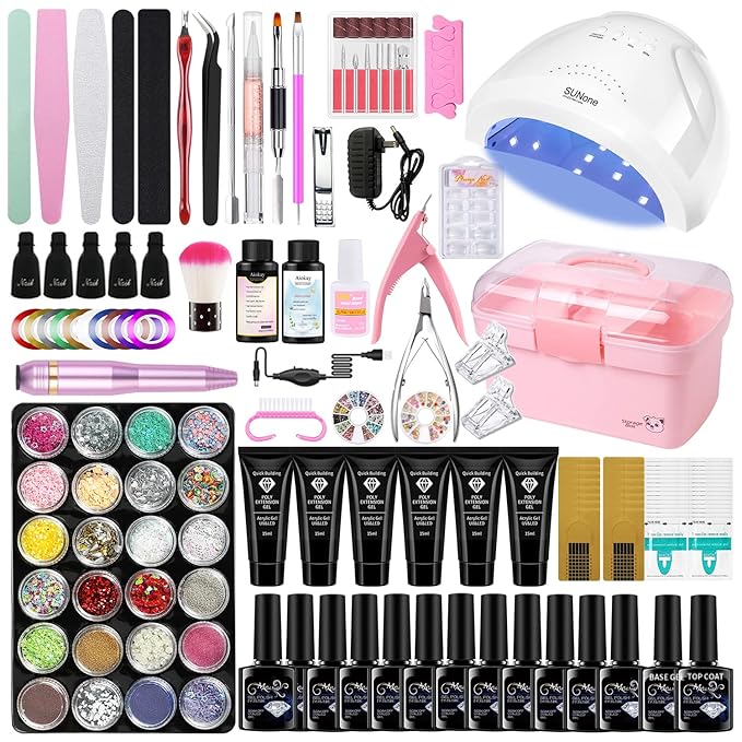 Gel Nail Polish Kit for Women with 6 Colors Extension Poly Nail Gel set, 48W UV Lamp, 12pcs nail polish set with Base Coat and Top coat,Professional Manicure Tool for Home DIY Salon-BrightBean Baby