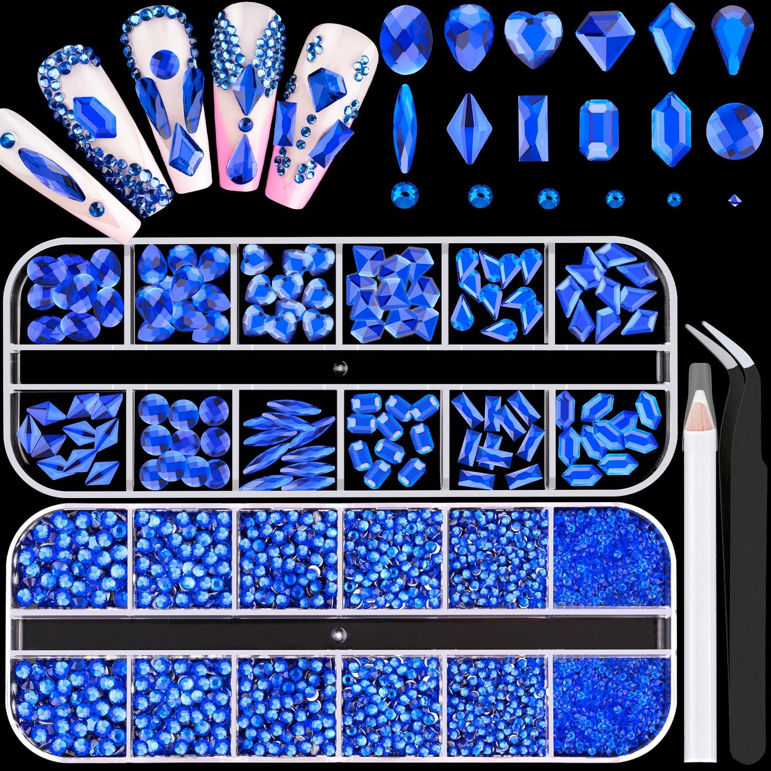 2680Pcs Royal Blue Glass Nail Rhinestones 120Pcs Multi Shapes Flatback Nail Gems + 2560Pcs 1.5-4mm Round Crystal, Manicure Nail Charms Diamond Gemstones for Acrylic Nails Decoration-BrightBean Baby